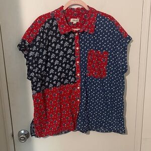 Style & Co. Red Floral Button-Up Blouse with Navy Accents